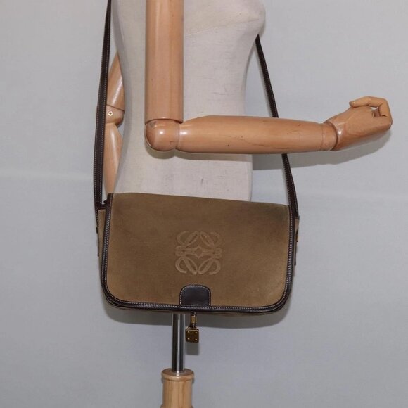 LOEWE Anagram Shoulder Bag Suede Leather Beige Gold Auth